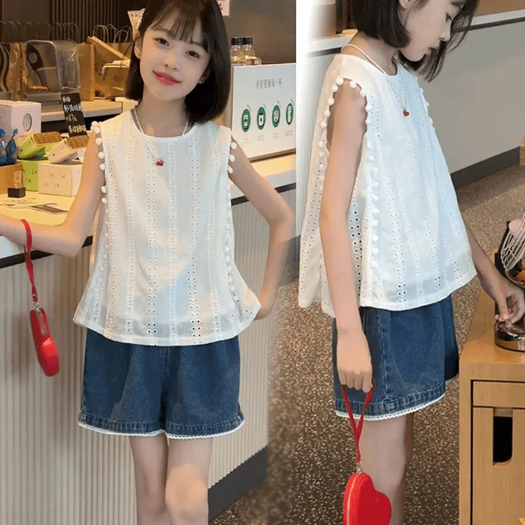 女童夏季套装2025新款儿童洋气无袖上衣中大童牛仔短裙裤两件套薄