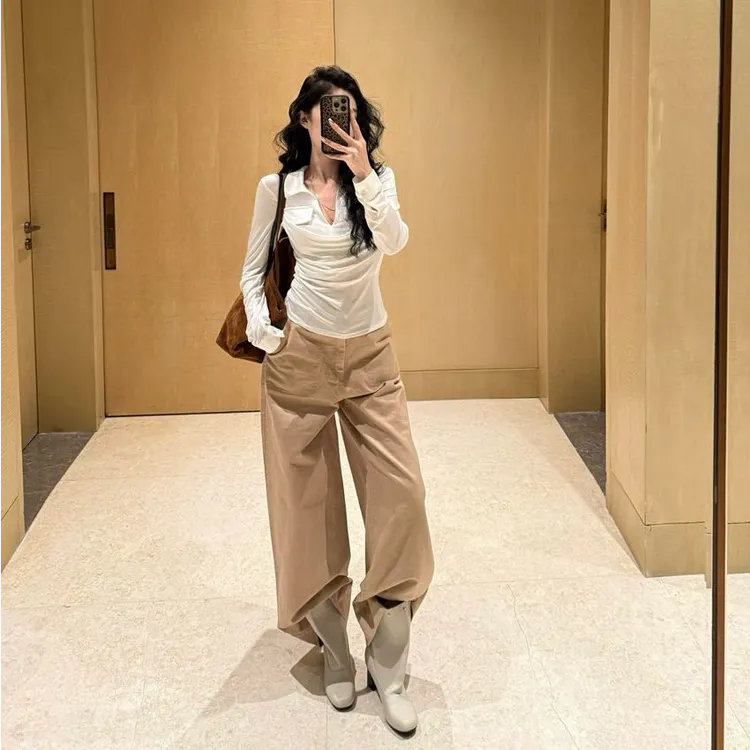 韩版辣妹纯欲风翻领长袖T恤女秋季2025新款设计感修身显瘦上衣服