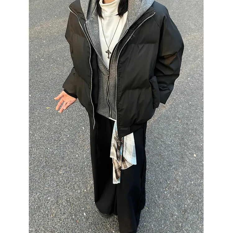 OWH PU皮假两件连帽夹克棉服男女冬季加厚高级感保暖美式棉袄