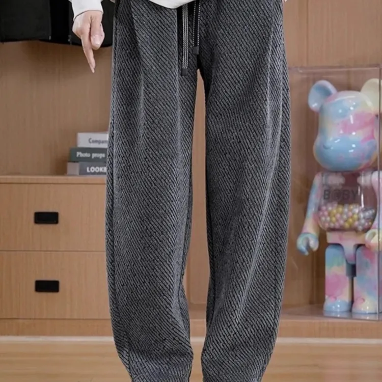 斜条纹雪尼尔阔腿卫裤男款秋冬加绒直筒休闲裤宽松慵懒风灰色裤子
