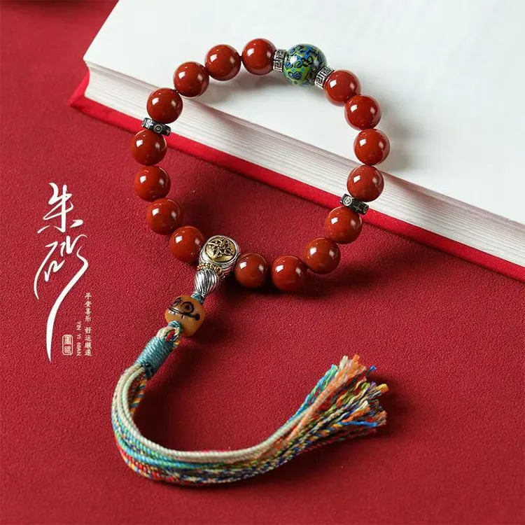 非金属布艺手链 【师傅推荐】大漆珠复古手工编织红色单圈手链女款