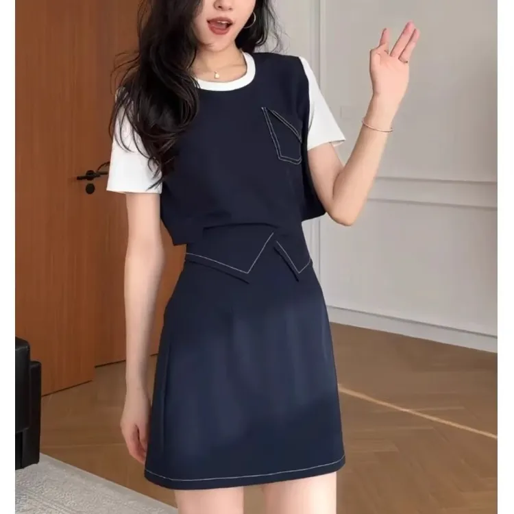 2025夏季新款韩版设计感小众假两件拼接上衣高腰半身裙两件套装女