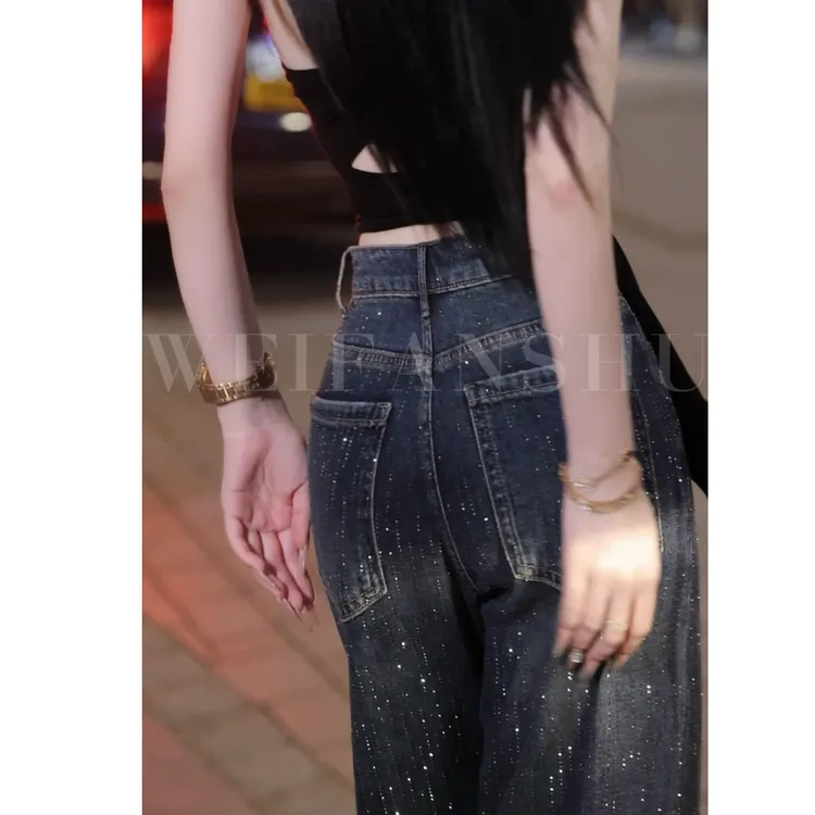 WEIFANSHU/魏凡舒【闪耀巴黎】秋冬新款复古烫钻加绒直筒显瘦牛仔裤