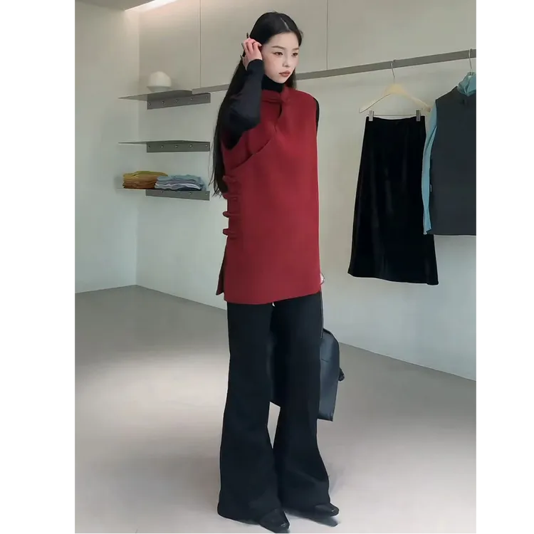 2025年冬季轻职极简风时尚套装修身马甲显瘦打底衫休闲阔腿裤套装