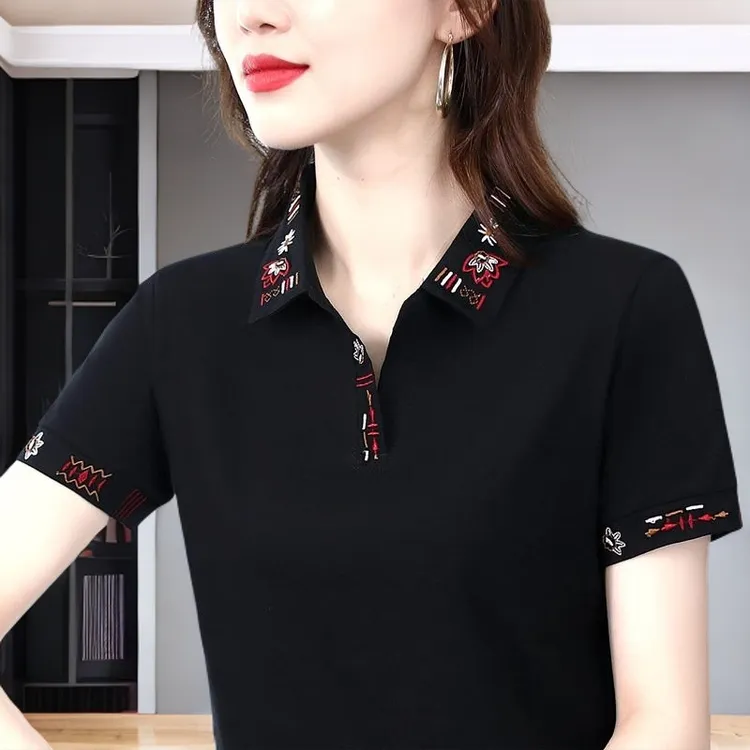 2025夏季女大码绣花百搭上衣爆款短袖时尚减龄气质休闲翻领polo衫