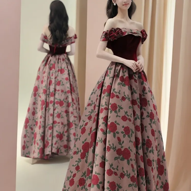 一字肩敬酒服新娘高级感2025新款结婚礼服在逃公主订婚连衣裙长款