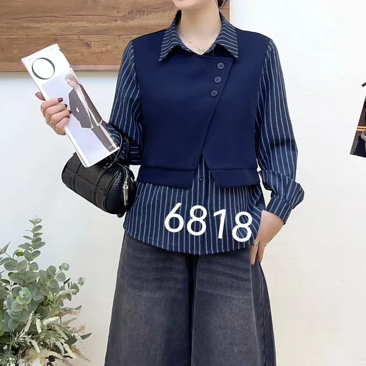 小施家韩版设计款假两件高端气质衬衫6818