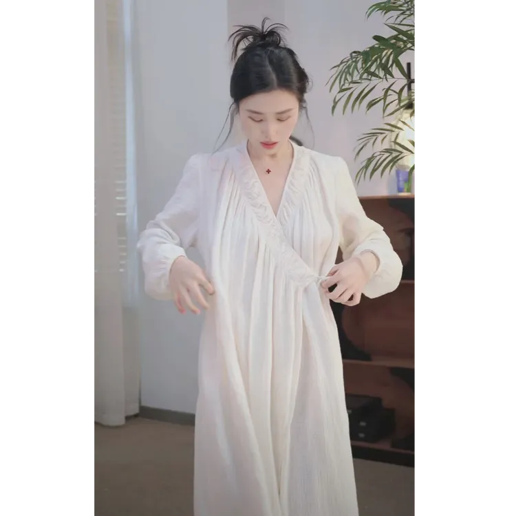 芙蓉裳【梨花雪】新款棉纱浴袍皱褶斜襟绑带设计浴裙宽松柔软亲肤
