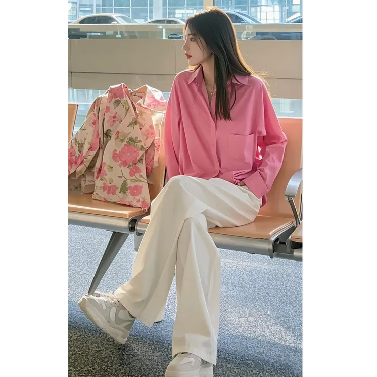2025超火春装休闲洋气时尚减龄粉色衬衫韩里韩气高级感穿搭套装裤