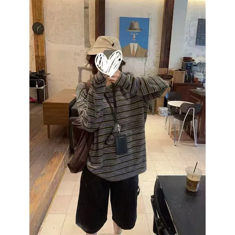 中长款韩版圆领套头卫衣时尚秋季条纹长袖慵懒风百搭