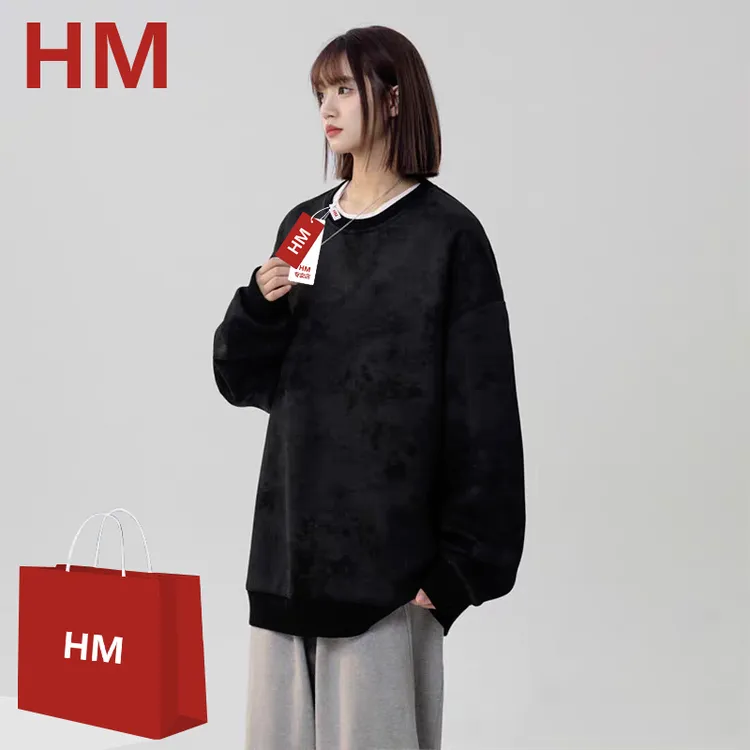 HM美式复古高街圆领长袖卫衣男春秋季休闲运动潮牌扎染情侣款上衣