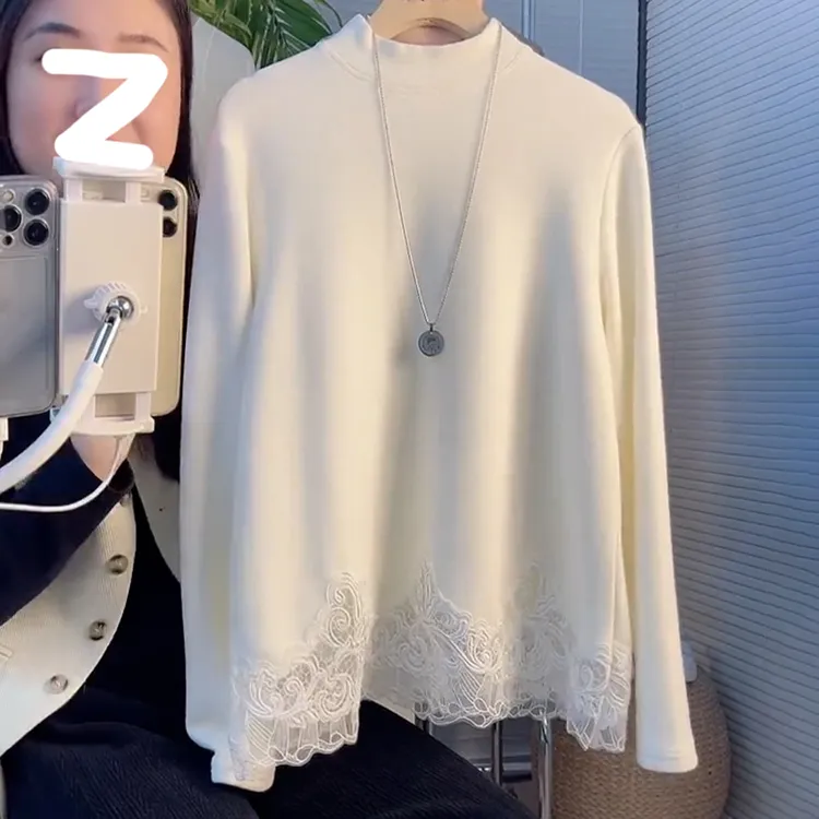 法式蕾丝花边拼接德绒上衣女2025秋冬新款时尚显瘦百搭立领打底衫