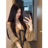 一然大码女装漂亮掐腰连衣裙千金名媛长袖v领纯欲a字短裙13002