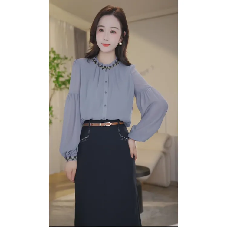 【杨杨专属】曼贝衬衫女士高级显瘦气质衬衣8593148A灰蓝色
