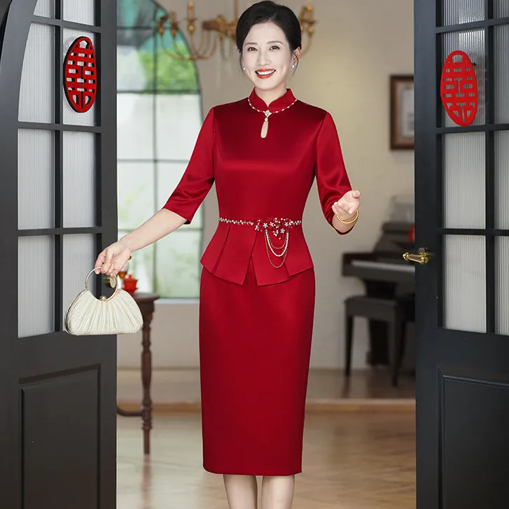 2025秋冬新款高端三醋酸喜妈妈婚宴礼服订婚喜婆婆改良旗袍连衣裙