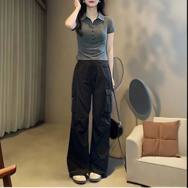 洋气衣服女夏新款辣妹一整套穿搭修身显瘦T恤上衣高腰工装裤套装