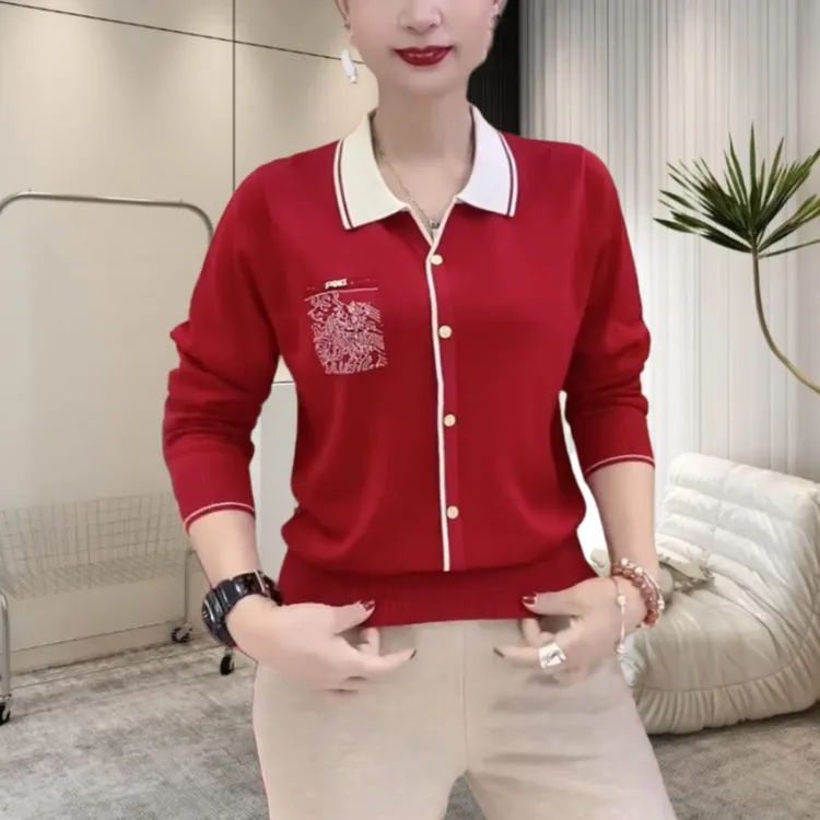 时尚妈妈装通勤打底上衣女2024年秋冬爆款减龄显瘦POLO领针织衫