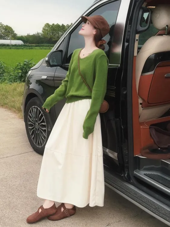 软糯奶呼呼宽松慵懒风韩系氛围感绿色针织衫米白色半身裙套装女秋
