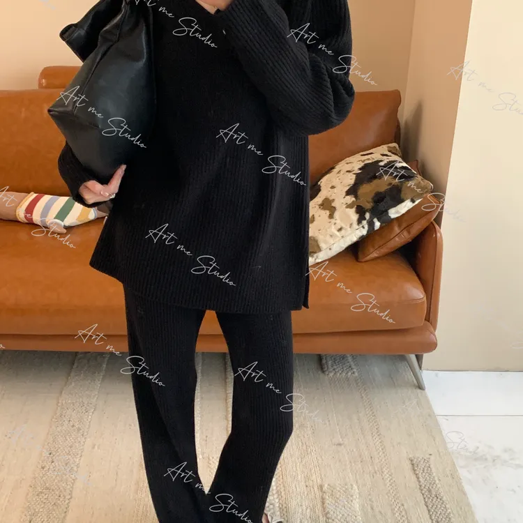 【ART ME】100绵羊毛秋冬懒人王炸V领坑条软糯三色套装w24435