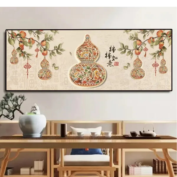柿柿如意五福临门现代客厅沙发背景墙挂画晶瓷晶钻防水装饰画