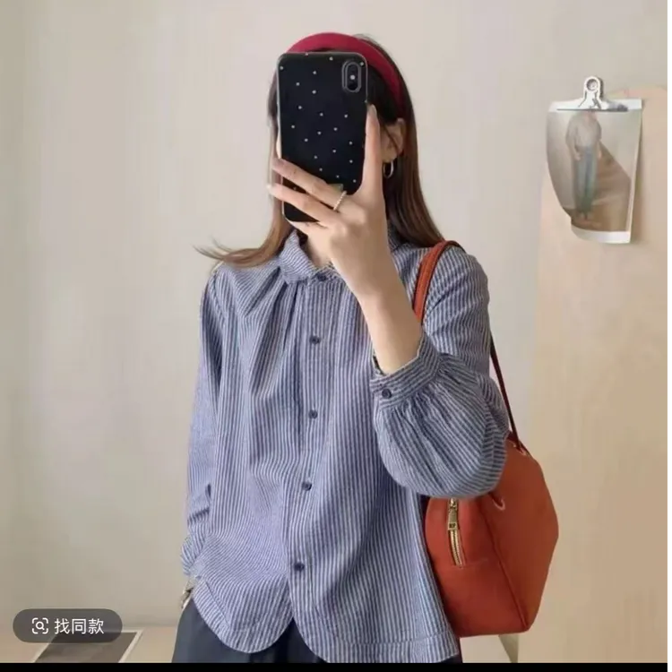 (棉)新款秋季长袖气质减龄复古港风设计感条纹宽松休闲百搭衬衫