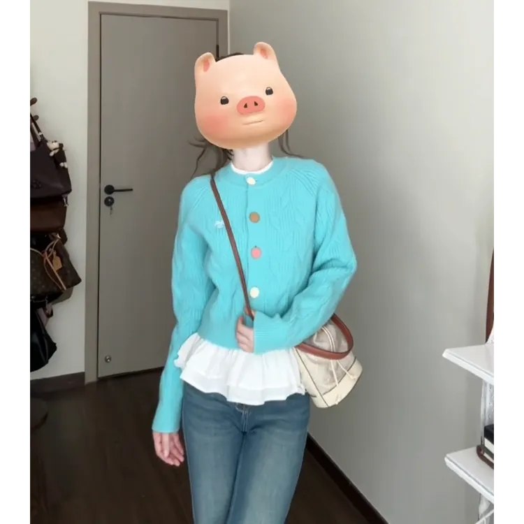 parkyeon韩系甜美绞花刺绣彩扣毛衣开衫女白色修身上衣牛仔裤秋