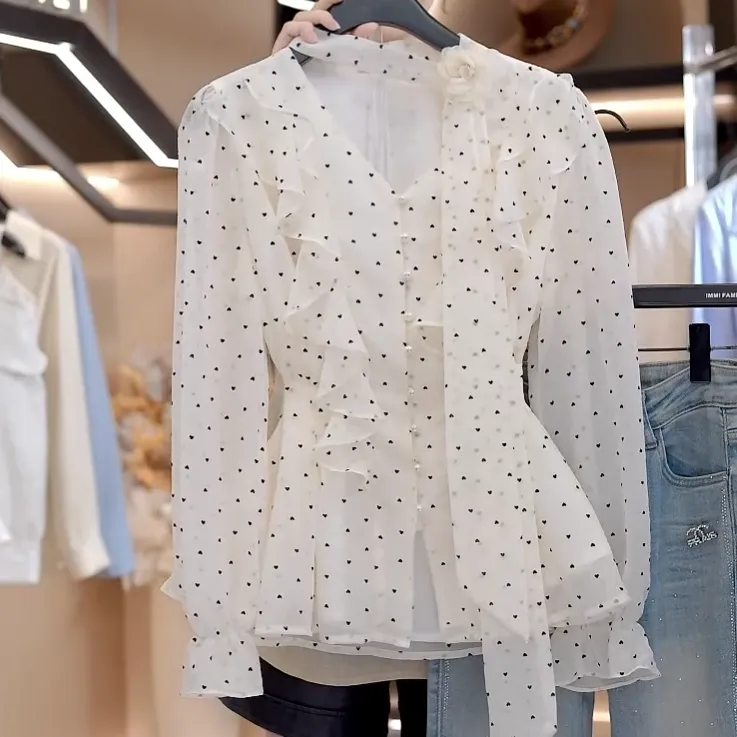 秋季新款法式波点围脖系带轻职风气质修身长袖衬衫女C6217