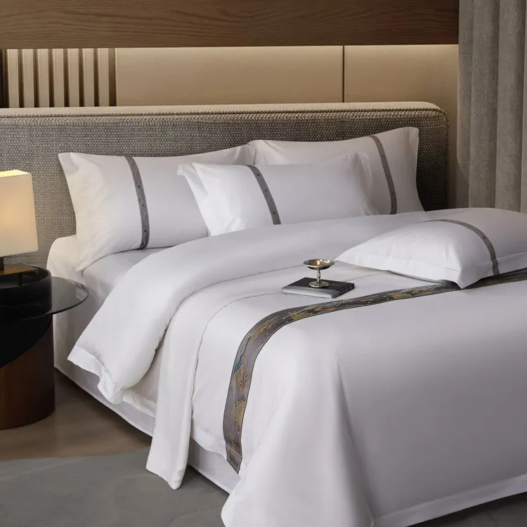 酒店民宿四件套布草专用贴条款灰色被套宾馆三件套加厚批发定制  
