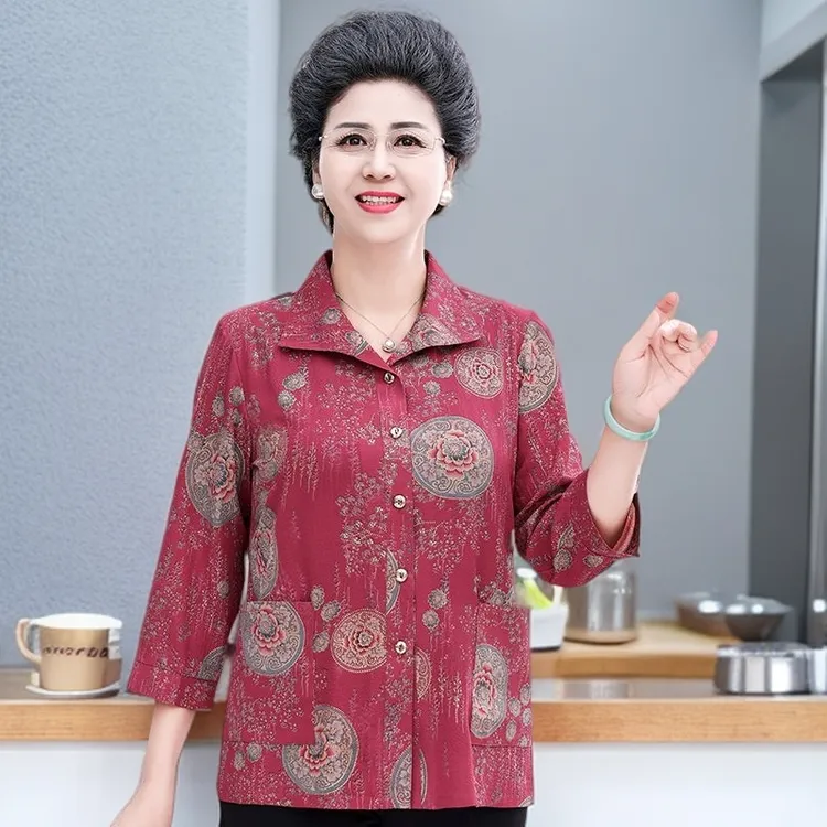 中老年人夏装衬衫女带兜七分袖奶奶夏季衬衣口袋套装老人太太新款