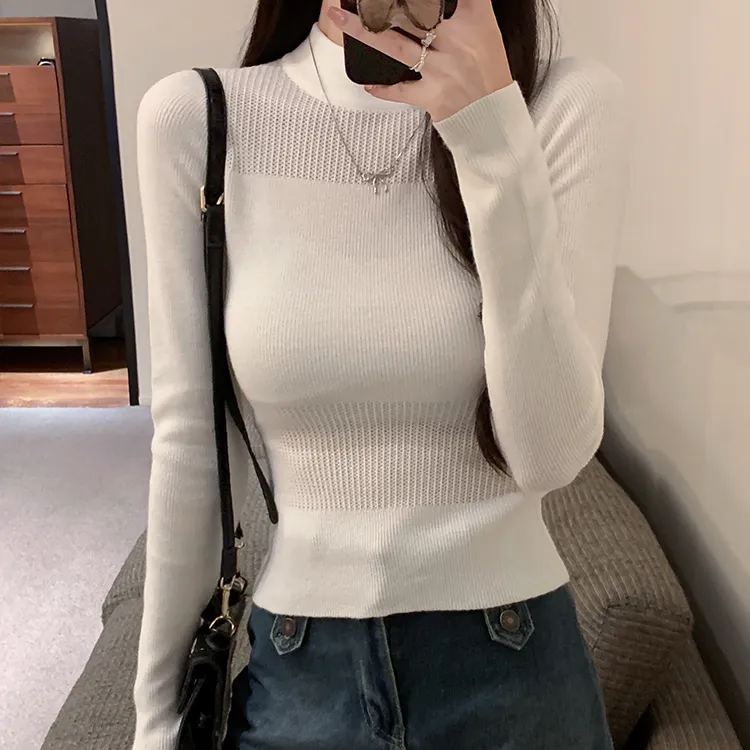 秋冬薄款半高领内搭针织衫韩系ins上衣服修身微镂空毛衣女打底衫