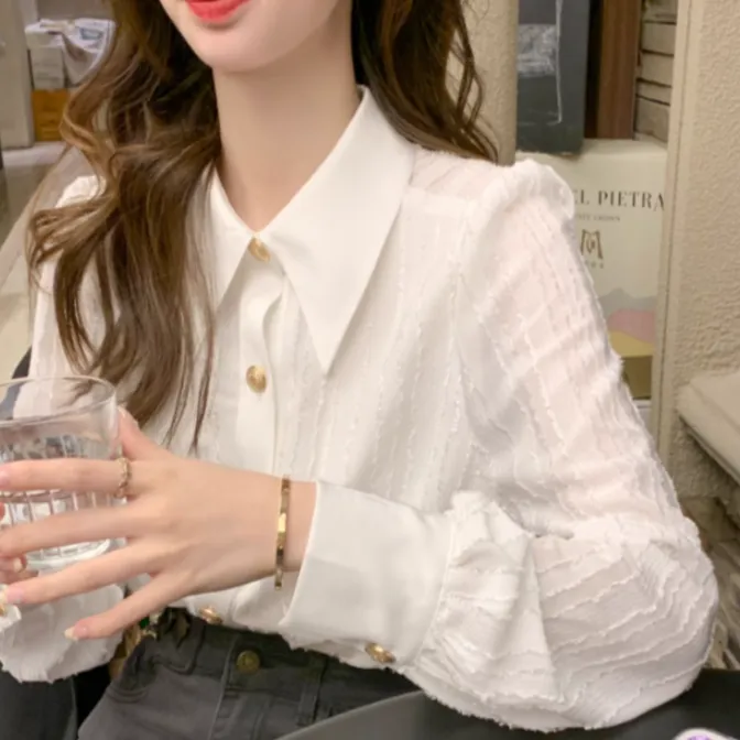 8902翻领长袖韩版衬衫女2025春秋季新款设计感百搭气质上衣