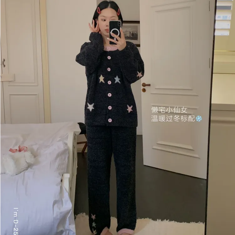 杜小宅正品睡衣女套装冬季新款半边绒加厚保暖宽松软糯家居服开衫