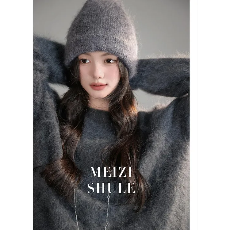 300克100%山羊绒纯色圆领加厚宽松慵懒风拉绒针织衫气质显瘦毛衣