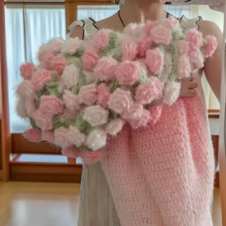 渐变粉玫瑰花束毯子半成品DIY手捧花束抱毯冬季送女朋友礼物