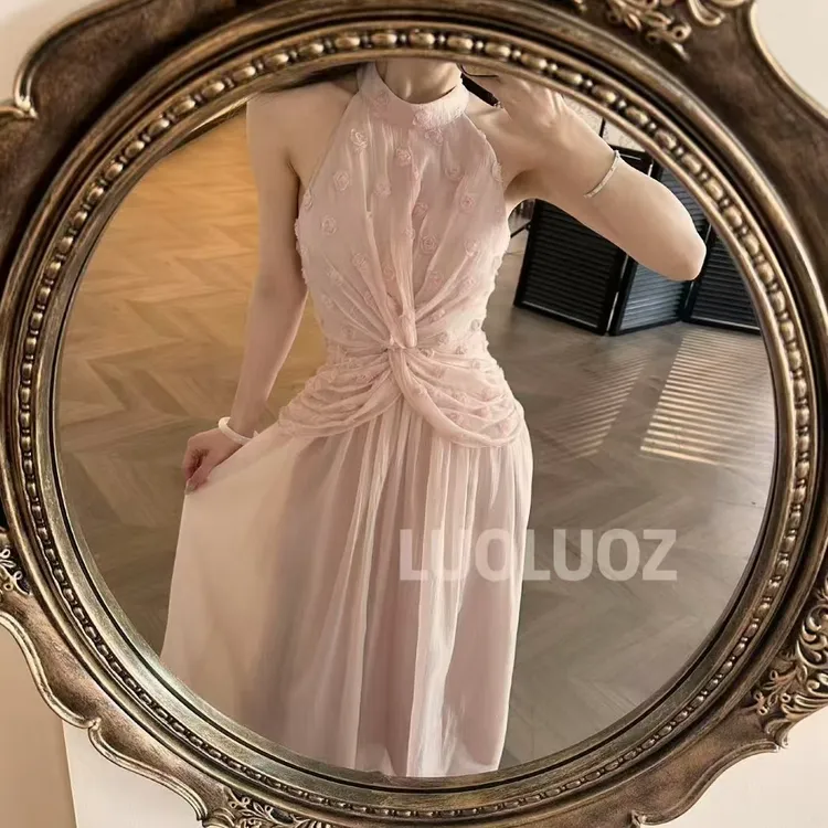 【现货】LUOLUOZ【月汐缠雾】气质不规则抽褶花朵设计长款连衣裙CC054