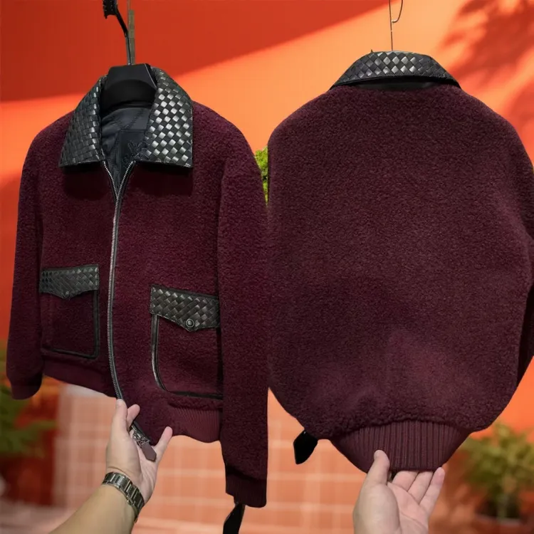 【高奢】男士新款编制皮翻领100%羊毛定织外套商务休闲25207