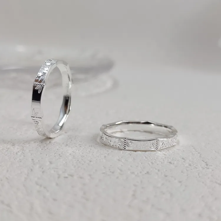 足银戒指 足银999.9碎冰冰竹节戒指男女款情侣闭口纯银时尚指环