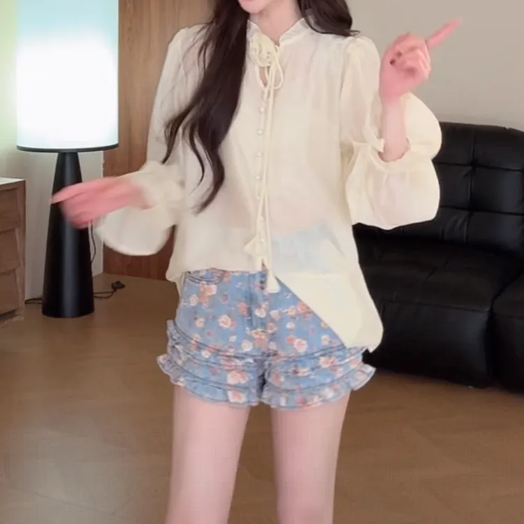 法式木耳边喇叭袖长袖衬衫2025夏季新款设计感重工防晒宽松上衣