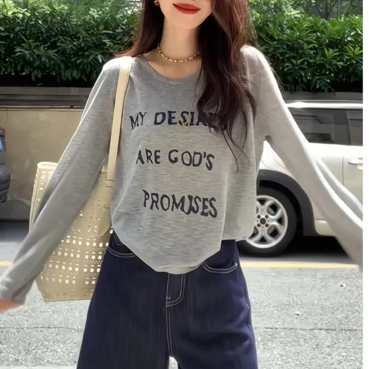 薄款长袖t恤夏季短款小个子防晒罩衫女2025新款字母印花初秋上衣