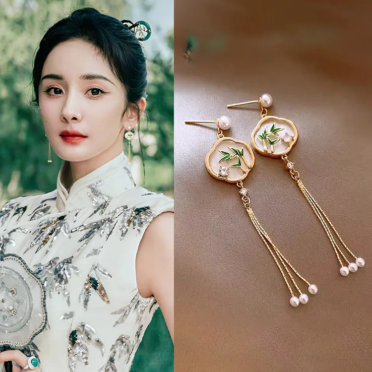 仿珍珠耳饰翠竹流苏耳环女耳钉小众设计高级耳坠新中式国风