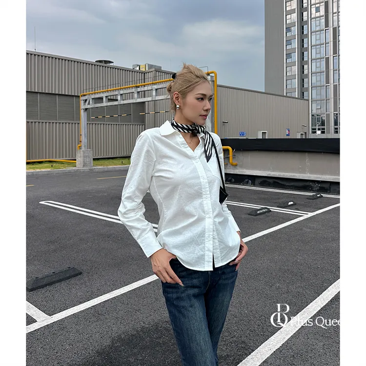 PLUS QUEEN｜宏蓝【高个子大码】V领棉麻收腰衬衣高级感长袖衬衫