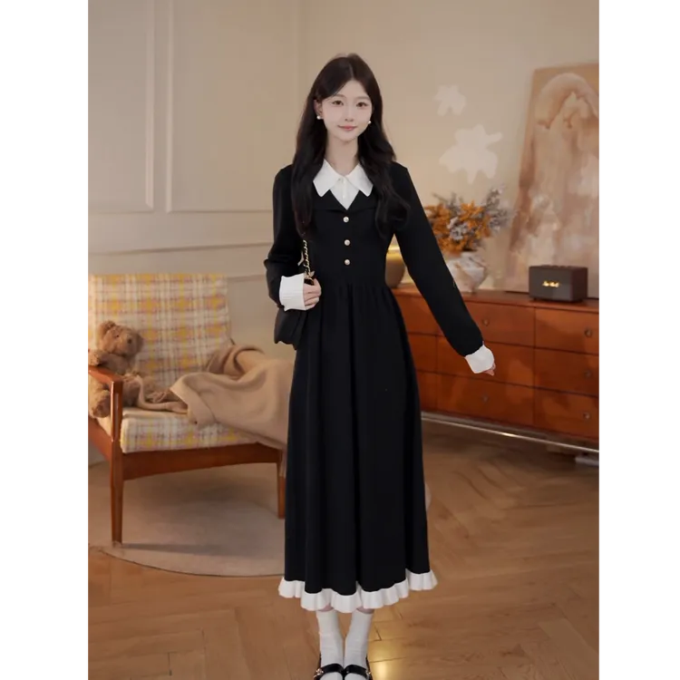 鹿向南「高智学姐」韩系学院风女秋冬新款黑白假两件收腰针织连衣裙