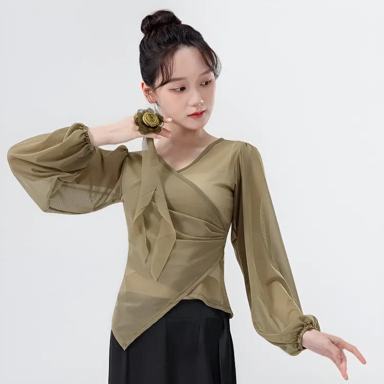 古典舞上衣女长袖纱衣2025新款舞蹈服仙气飘逸练功服夏修身中国风