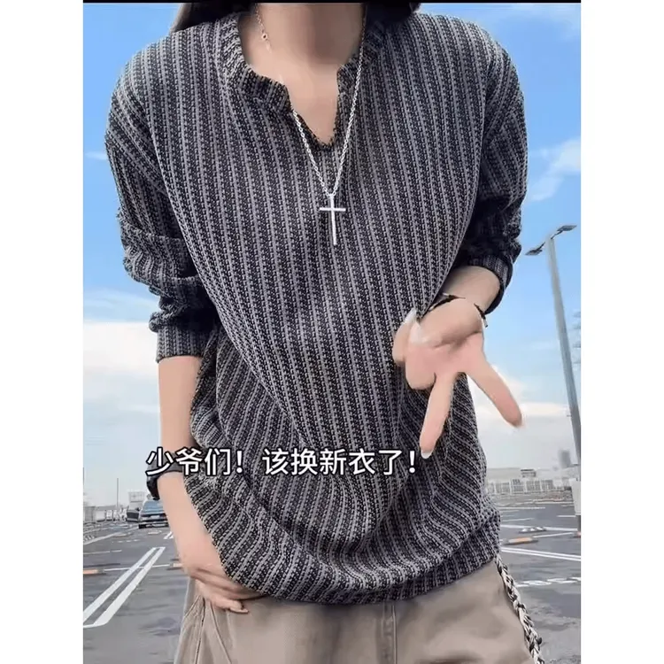 春秋新款小V领长袖t恤男款条纹美式慵懒风卫衣高级感内搭打底衫潮