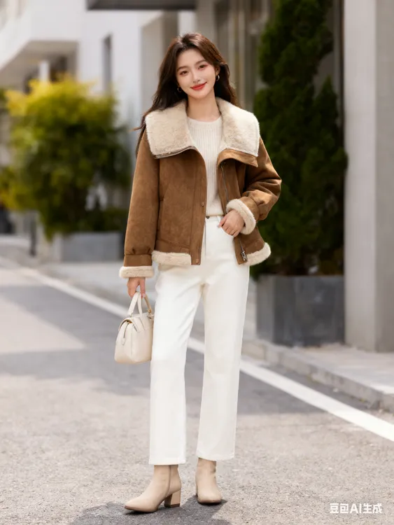 韩系美拉德大翻领皮毛一体外套女2025冬季新款爆款复古加厚机车服