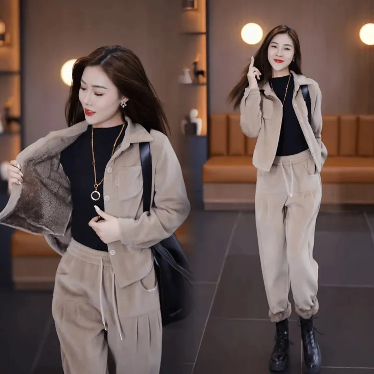 时尚加绒加厚套装女2025秋冬新款洋气减龄开衫外套直筒裤两件套