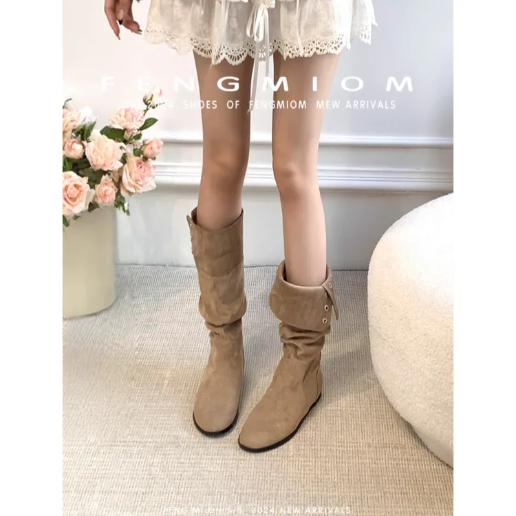 绒面内增高长筒靴女2025年新款圆头两穿显瘦西部牛仔靴复古骑士靴