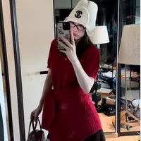 LA 浆果红 绞花翻领 短袖针织毛衣 26760