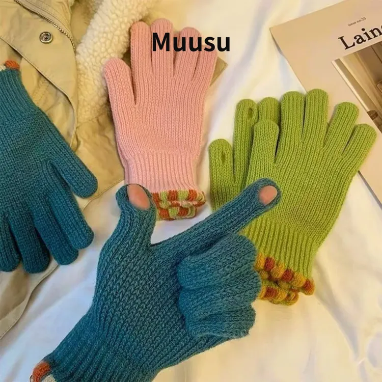 【Muusu】糖豆毛线针织手套冬季女厚可触屏漏露手指头手套