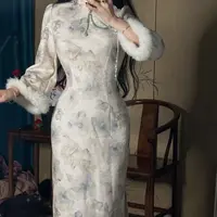 LHMknk1活动画报夫人原创自制秋冬温柔厚款倒大袖旗袍 厚款蓝茶